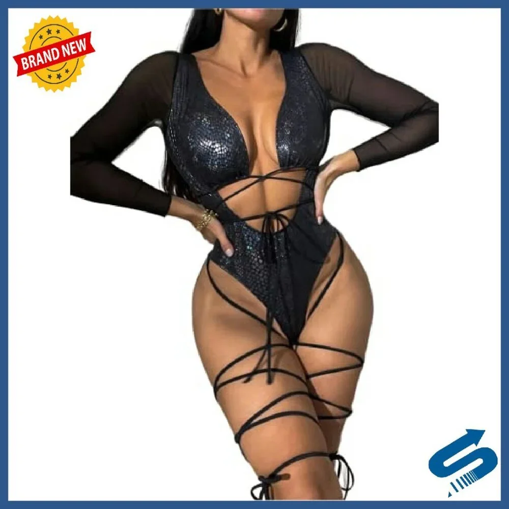 Sheer Long Sleeve Bodysuit with Front Buckle Cut Out Snakeskin Print - Picture 3 of 7